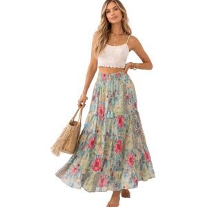 Zury Vintage Silk Maxi Shirt Tiered Smocked Green Blue Floral Boho Gypsy OS